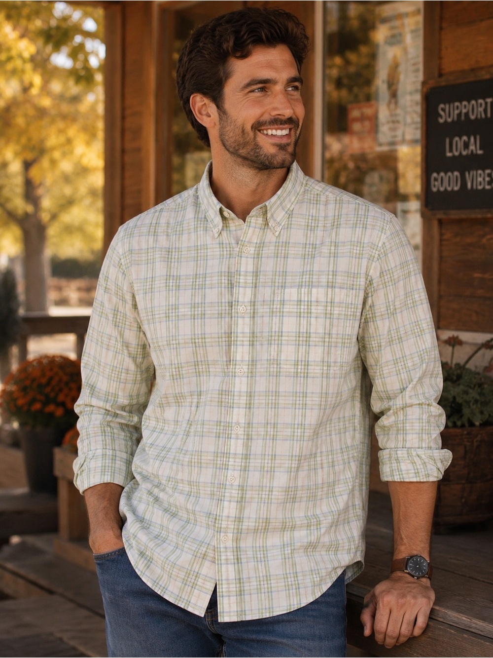 GAP Plaid Button Down Shirt Men’s Large ~ Green Long Sleeve Cotton Casual